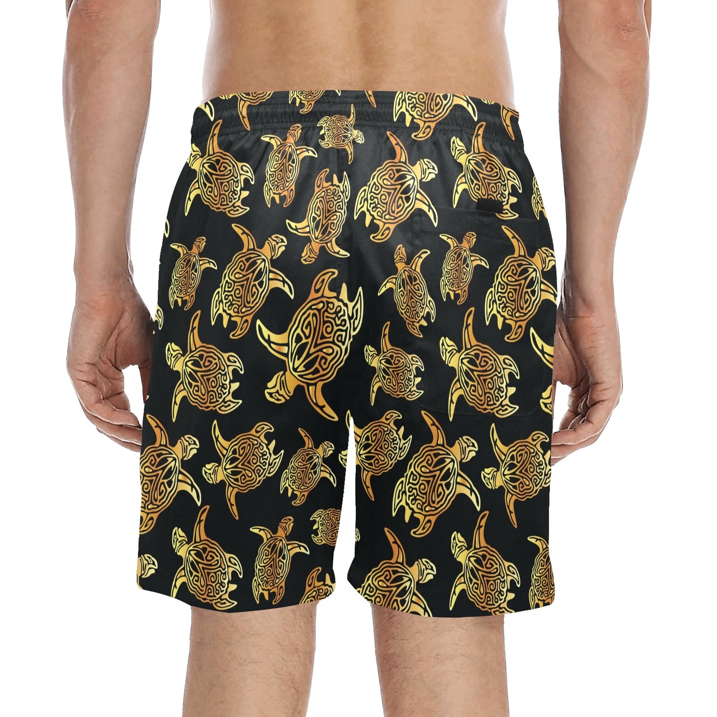 Gold Tribal Turtle Polynesian Themed Men's Swim Trunks Beach Shorts