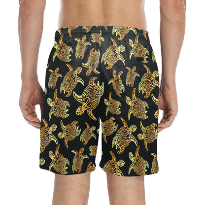 Gold Tribal Turtle Polynesian Themed Men's Swim Trunks Beach Shorts