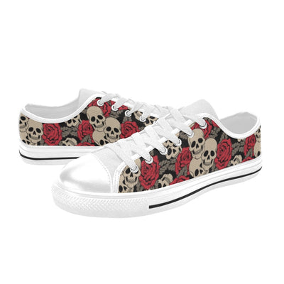 Skull And Roses Print Design LKS301 Women's White Low Top Shoes