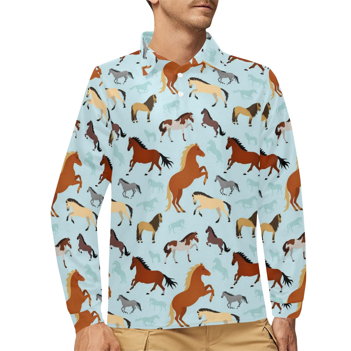 Horse Cute Themed Pattern Print Long Sleeve Polo Shirt For Men's