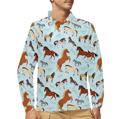 Horse Cute Themed Pattern Print Long Sleeve Polo Shirt For Men's