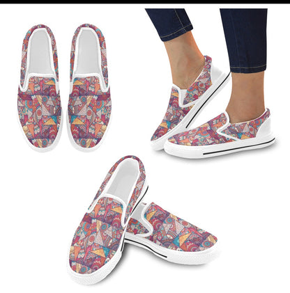 Patchwork Print Design LKS401 White Slip Ons Canvas Women's Shoes