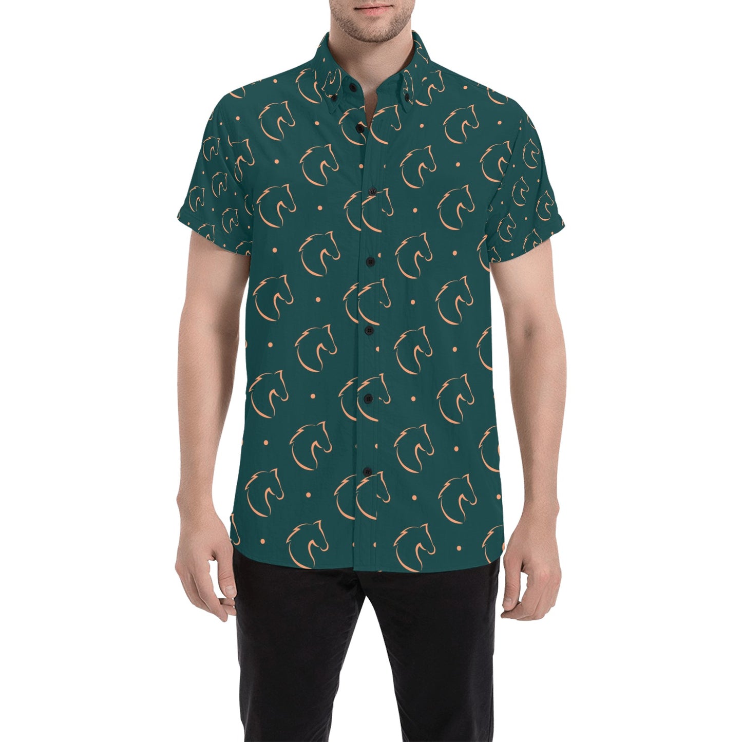 Horse Head Print Design LKS302 Men Short Sleeve Button Up Shirt
