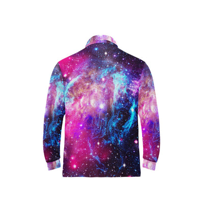 Galaxy Night Purple Space Print Long Sleeve Polo Shirt For Men's