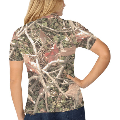 Camouflage Realistic Tree Authumn Print Women's Polo Shirt