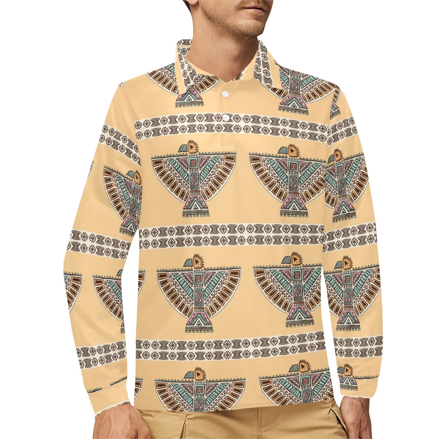Native American Eagle Pattern Long Sleeve Polo Shirt For Men's