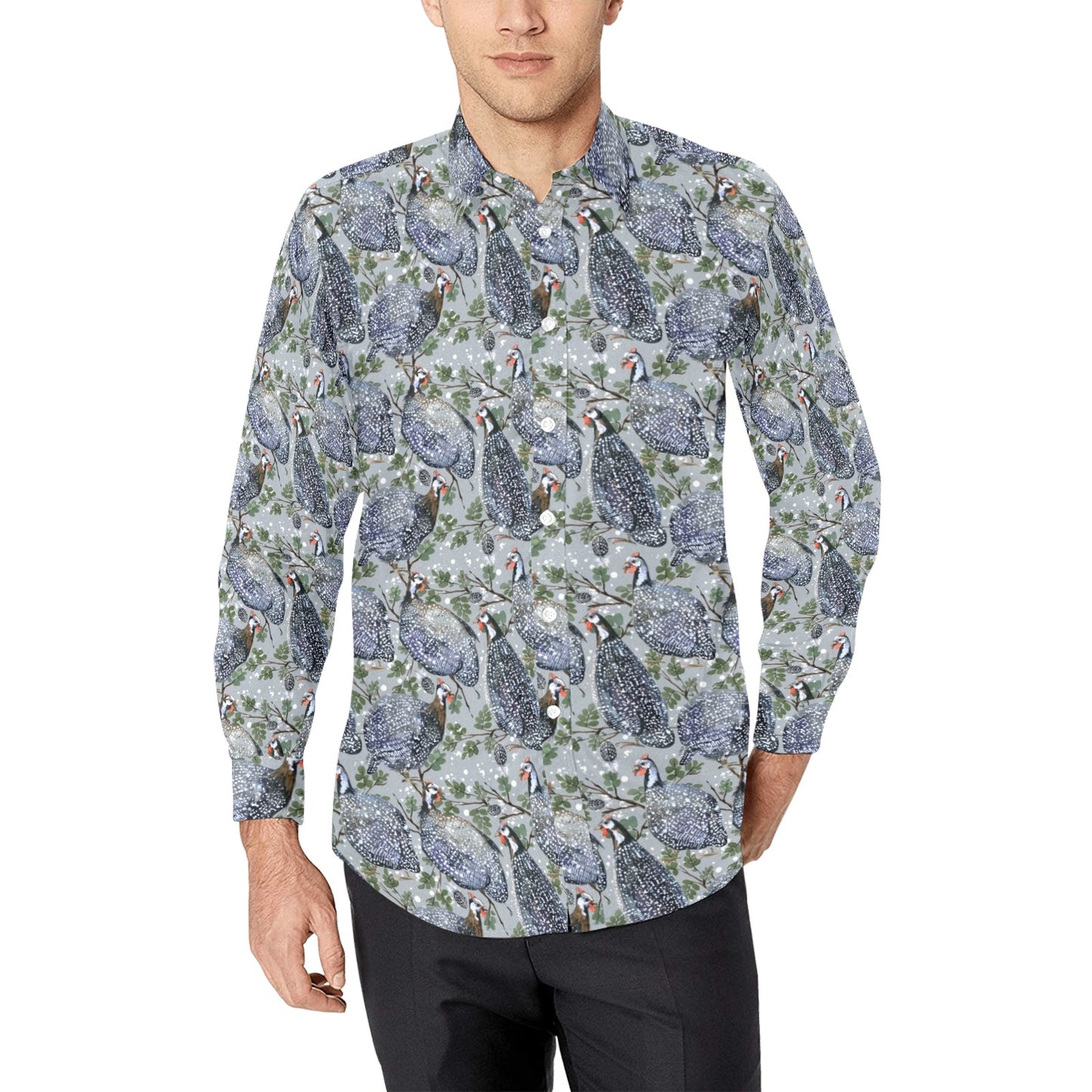Guinea Fowl Print Design LKS402 Men's Long Sleeve Dress Shirt
