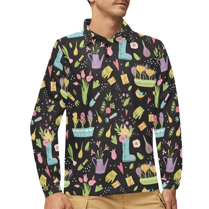 Gardening Pattern Print Design G03 Long Sleeve Polo Shirt For Men's