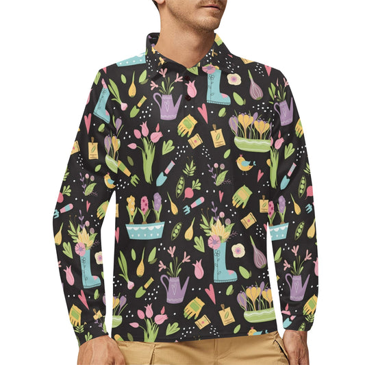 Gardening Pattern Print Design G03 Long Sleeve Polo Shirt For Men's
