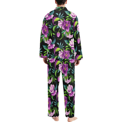 Bright Purple Floral Pattern Men's Long Pajama Set