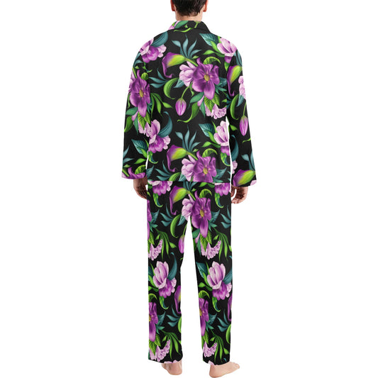 Bright Purple Floral Pattern Men's Long Pajama Set