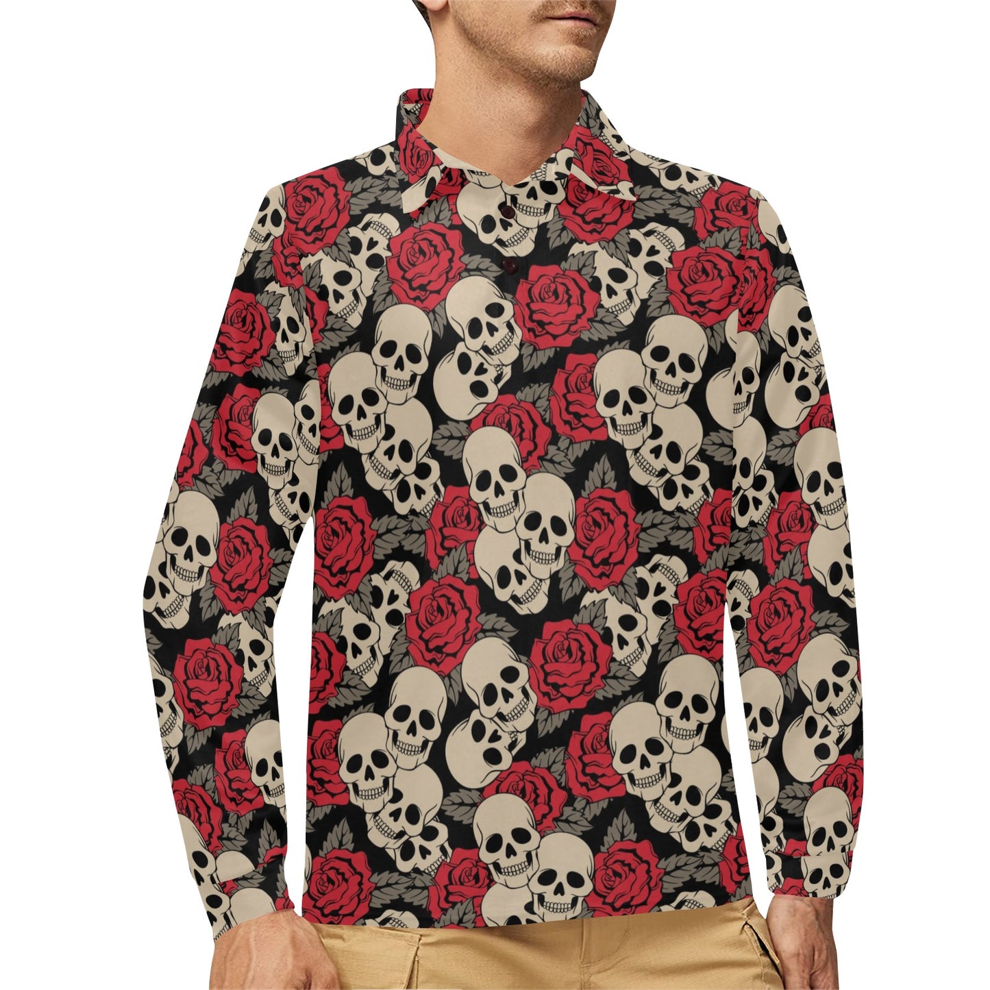 Skull And Roses Print Design LKS301 Long Sleeve Polo Shirt For Men's