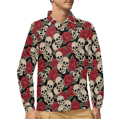 Skull And Roses Print Design LKS301 Long Sleeve Polo Shirt For Men's