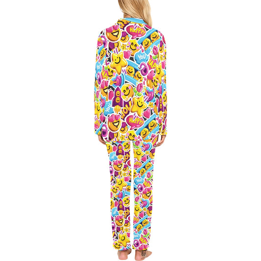 Emoji Sticker Print Pattern Women's Long Pajama Set