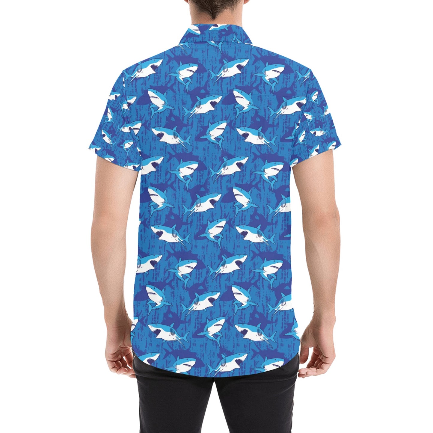 Shark Print Design LKS308 Men Short Sleeve Button Up Shirt