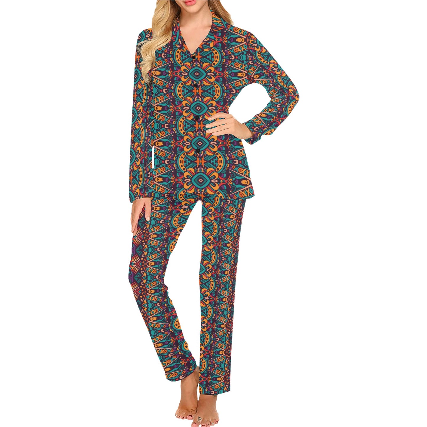 Ethnic Style Print Pattern Women's Long Pajama Set