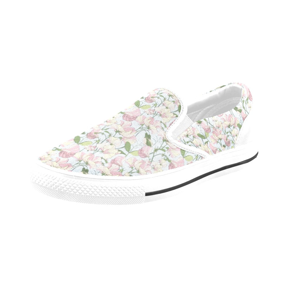 Sweet Pea Print Design LKS304 White Slip Ons Canvas Women's Shoes