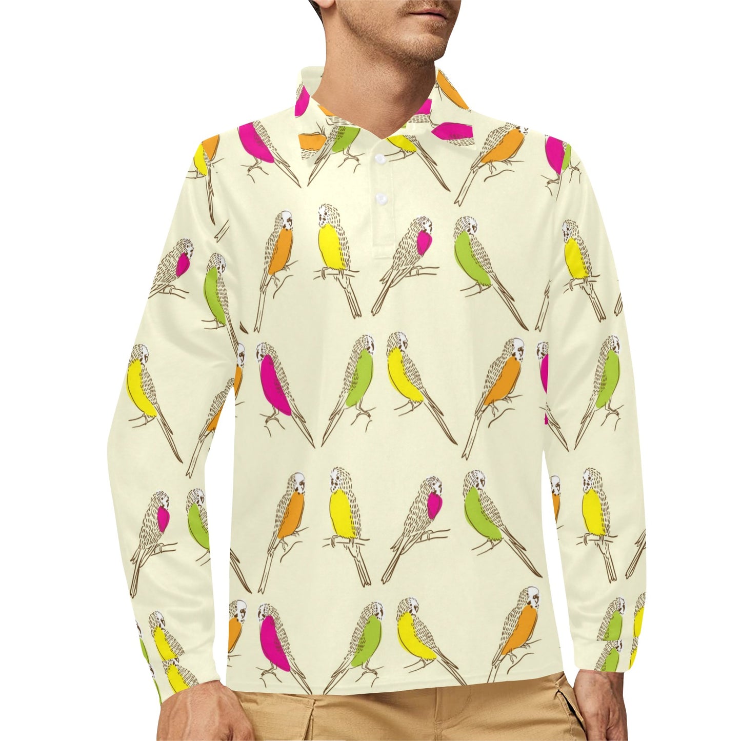 Parakeet Pattern Print Design A01 Long Sleeve Polo Shirt For Men's