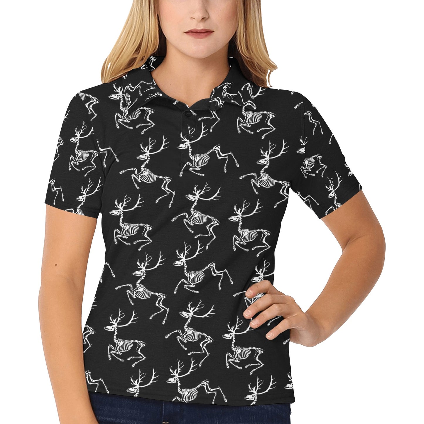 Deer Skeleton Print Pattern Women's Polo Shirt