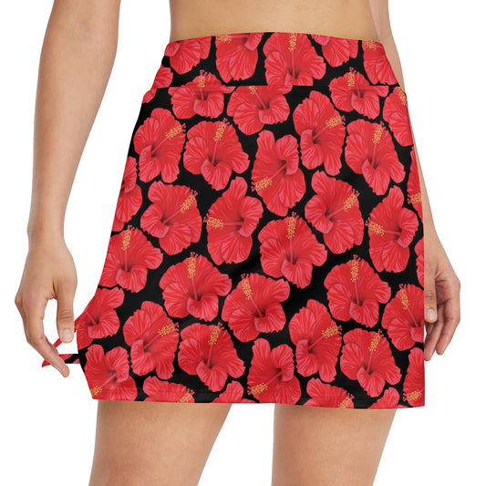 Hibiscus Red Pattern Print Design LKS306 17" Golf & Pickleball Skort with Pockets