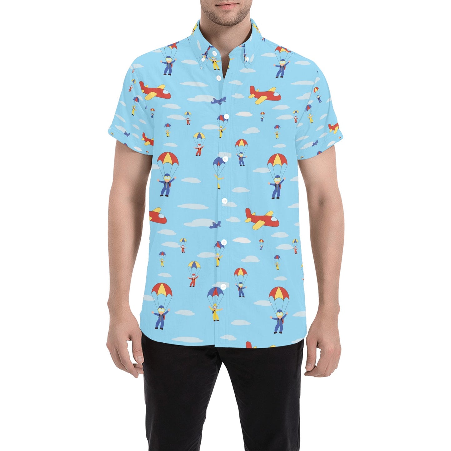 Skydiver Print Design LKS304 Men Short Sleeve Button Up Shirt