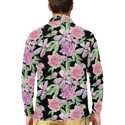 Peony Pattern Print Design PE08 Long Sleeve Polo Shirt For Men's