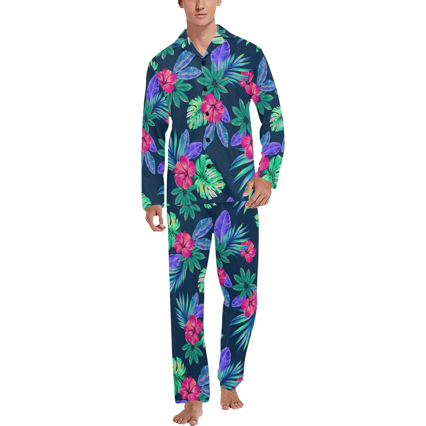 Tropical Flower Pattern Print Design TF09 Men's Long Pajama Set