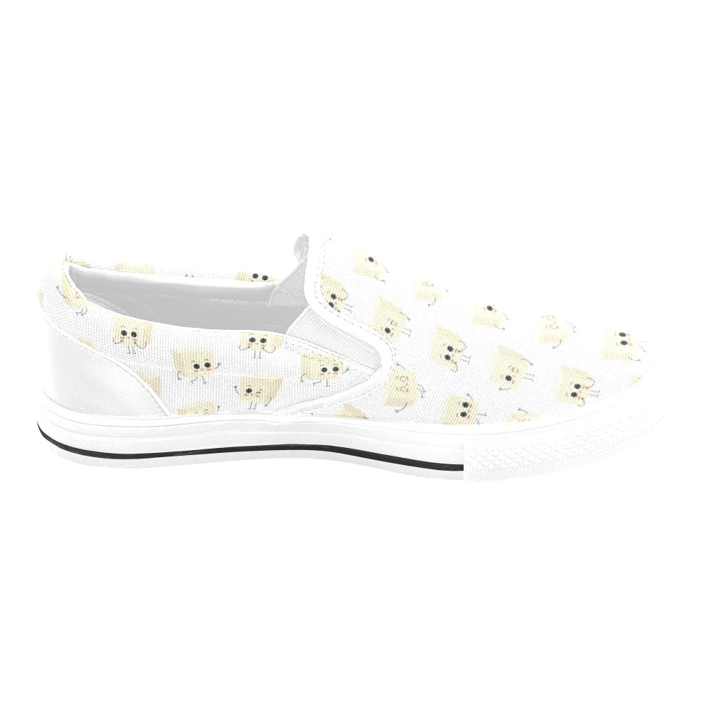 Tofu Print Design LKS301 White Slip Ons Canvas Women's Shoes