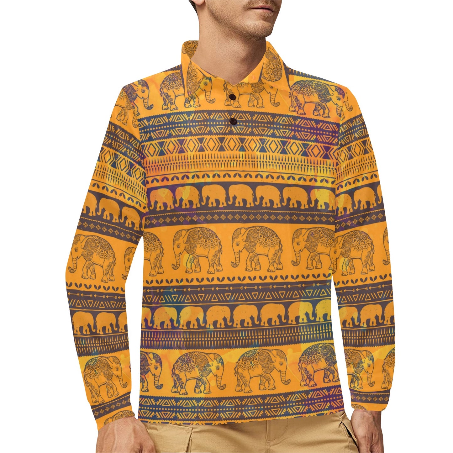 Elephant Aztec Long Sleeve Polo Shirt For Men's
