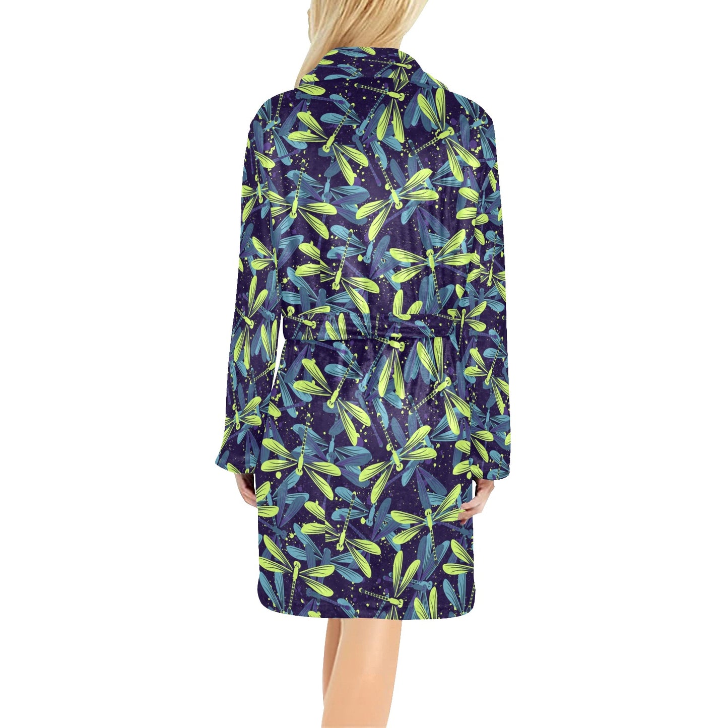 Dragonfly Lime Blue Print Pattern Women's Fleece Robe
