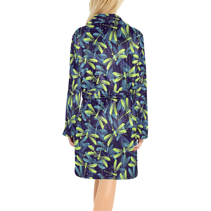 Dragonfly Lime Blue Print Pattern Women's Fleece Robe