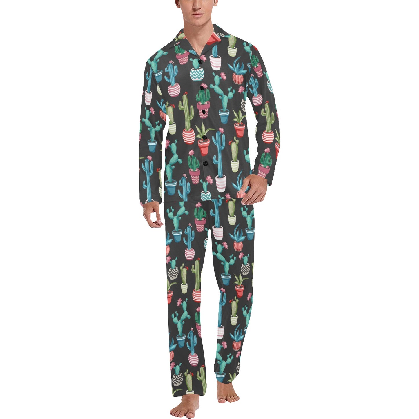 Cactus Pattern Print Design 02 Men's Long Pajama Set