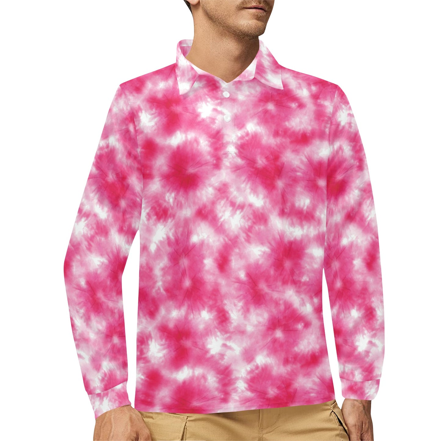 Tie Dye Pink Print Design LKS304 Long Sleeve Polo Shirt For Men's