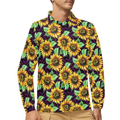 Sunflower Pattern Print Design SF012 Long Sleeve Polo Shirt For Men's