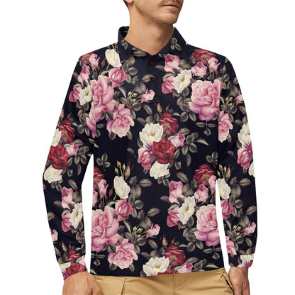 Rose Pattern Long Sleeve Polo Shirt For Men's