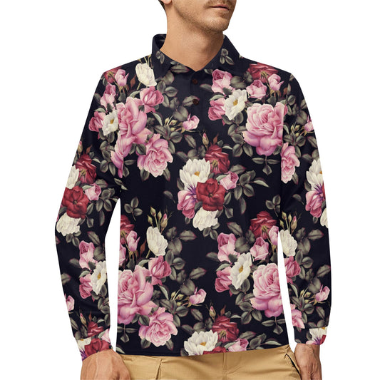 Rose Pattern Long Sleeve Polo Shirt For Men's