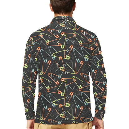 Safety Pin Print Design LKS301 Long Sleeve Polo Shirt For Men's