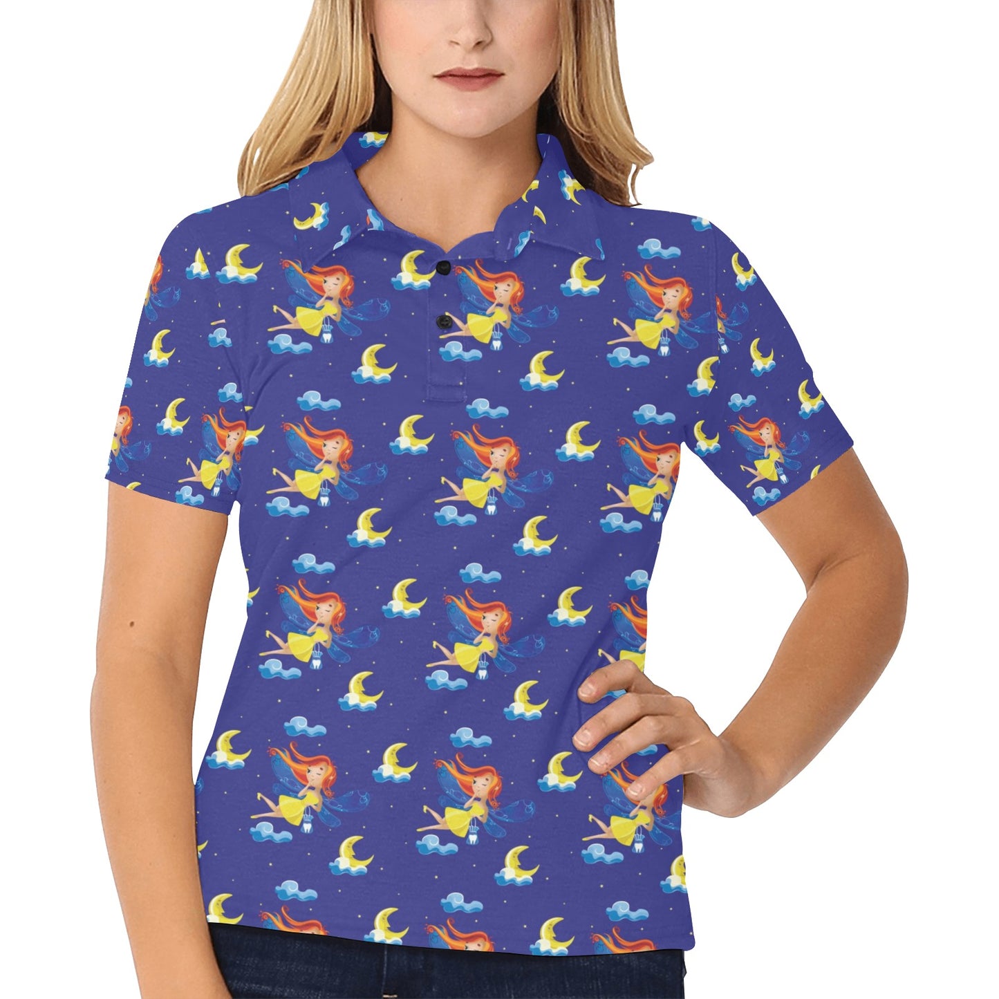 Fairy with Moon Print Pattern Women's Polo Shirt
