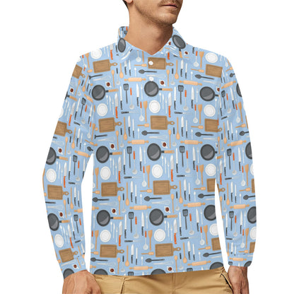Cooking Kitchen Tools Pattern Print Design 02 Long Sleeve Polo Shirt For Men's
