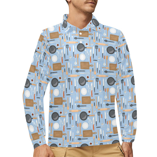 Cooking Kitchen Tools Pattern Print Design 02 Long Sleeve Polo Shirt For Men's
