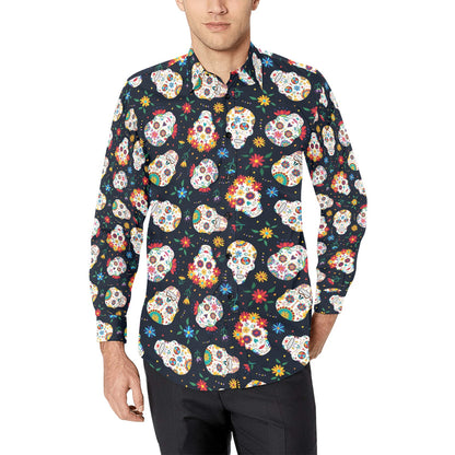 Sugar Skull Print Design LKS305 Men's Long Sleeve Dress Shirt
