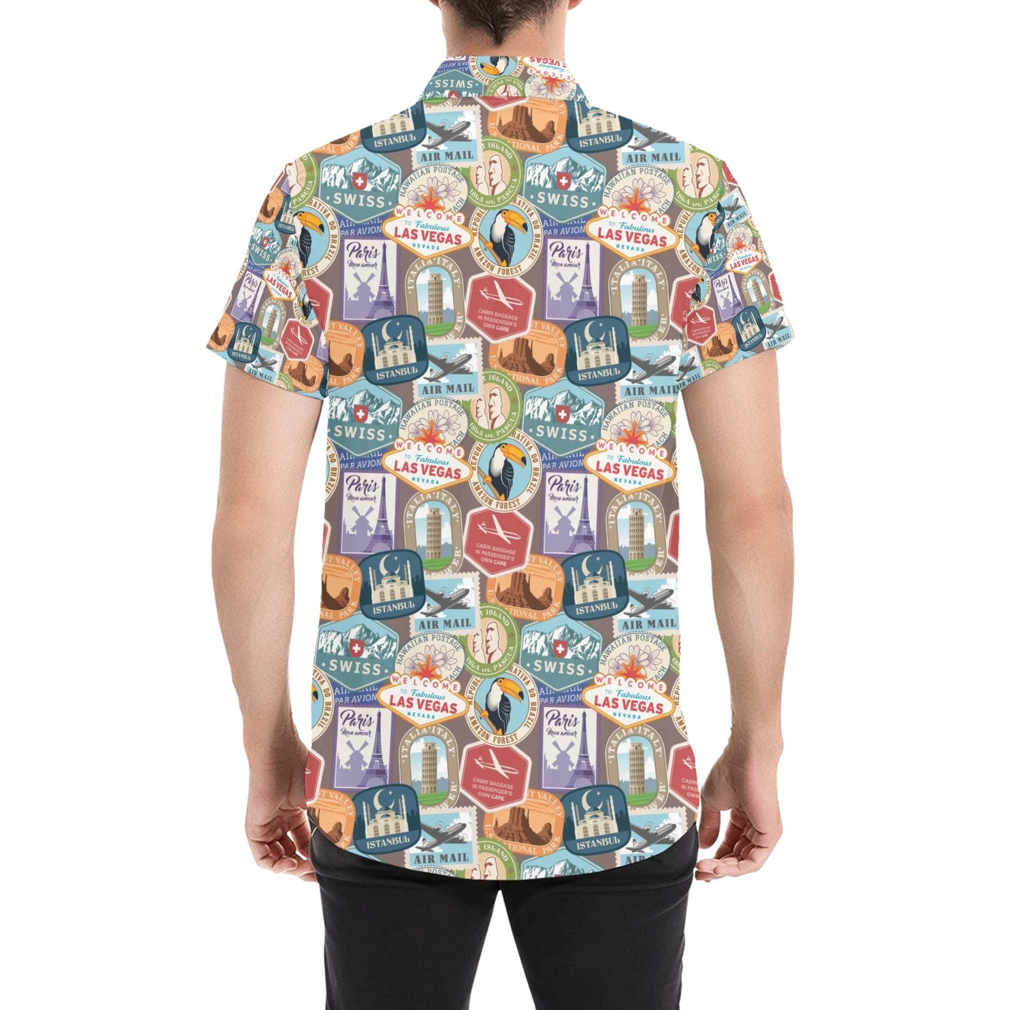Travel Stamp Print Design LKS301 Men Short Sleeve Button Up Shirt