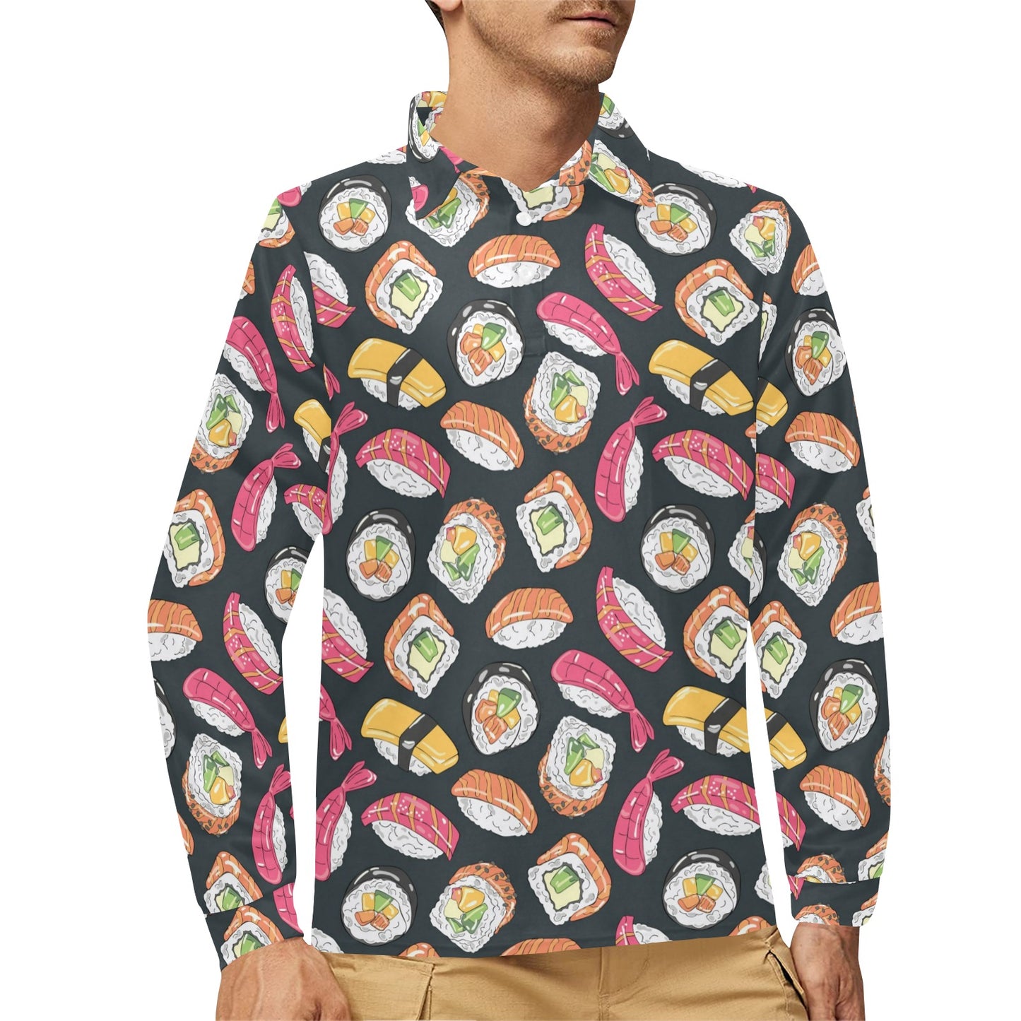 Sushi Print Design LKS306 Long Sleeve Polo Shirt For Men's