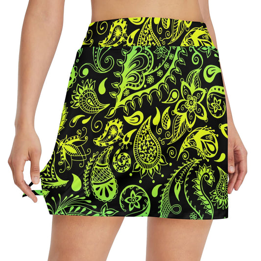 Paisley Green Design Print 17" Golf & Pickleball Skort with Pockets
