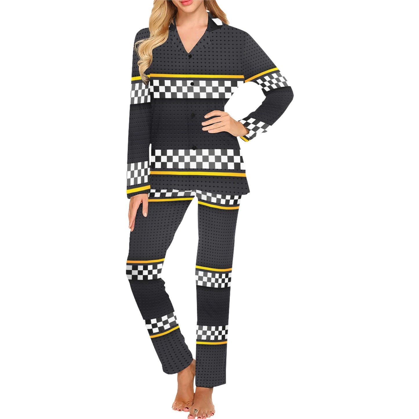 Checkered Flag Yellow Line Style Women's Long Pajama Set