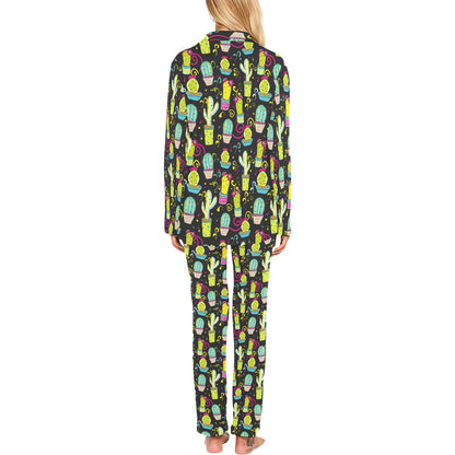 Cactus Neon Style Print Pattern Women's Long Pajama Set