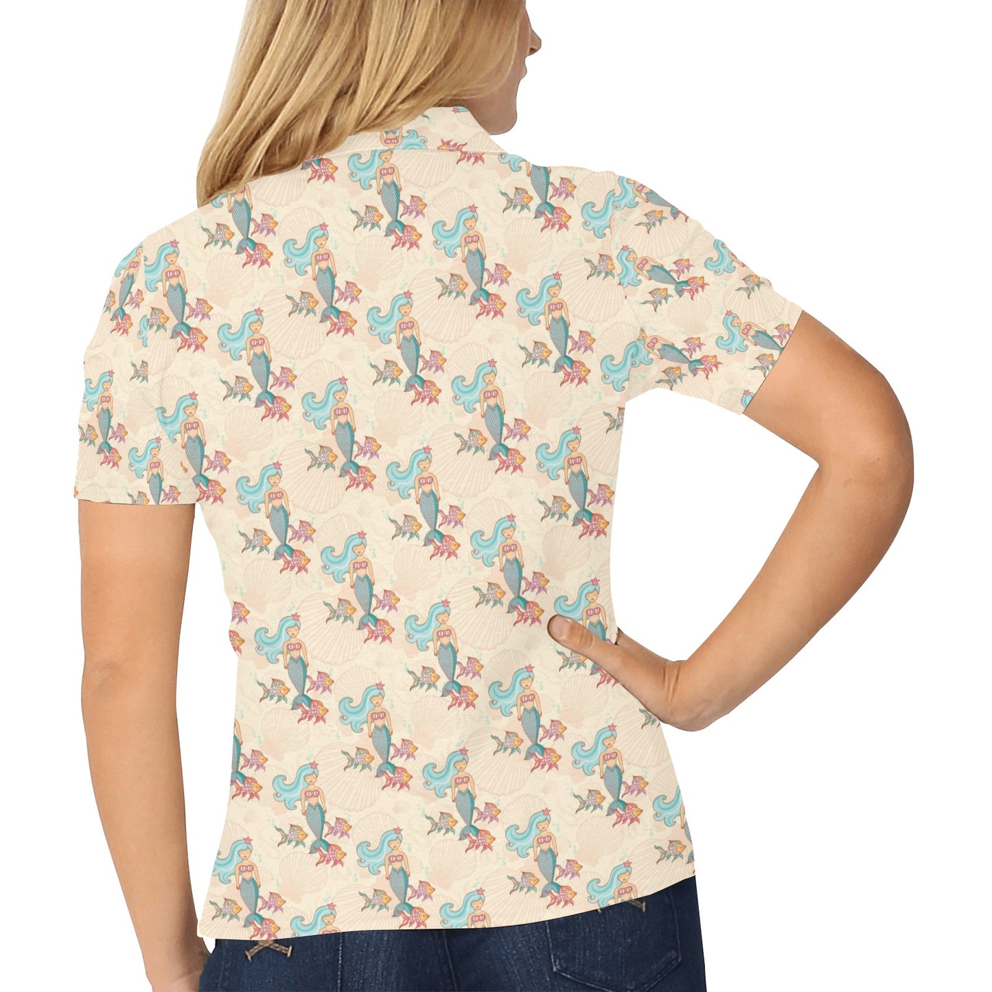Mermaid Girl With Fish Design Print Women's Polo Shirt