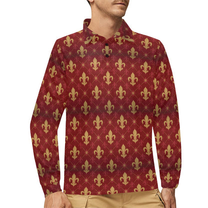 Fleur De Lis Print Design LKS401 Long Sleeve Polo Shirt For Men's