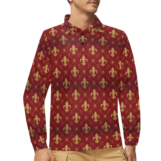 Fleur De Lis Print Design LKS401 Long Sleeve Polo Shirt For Men's