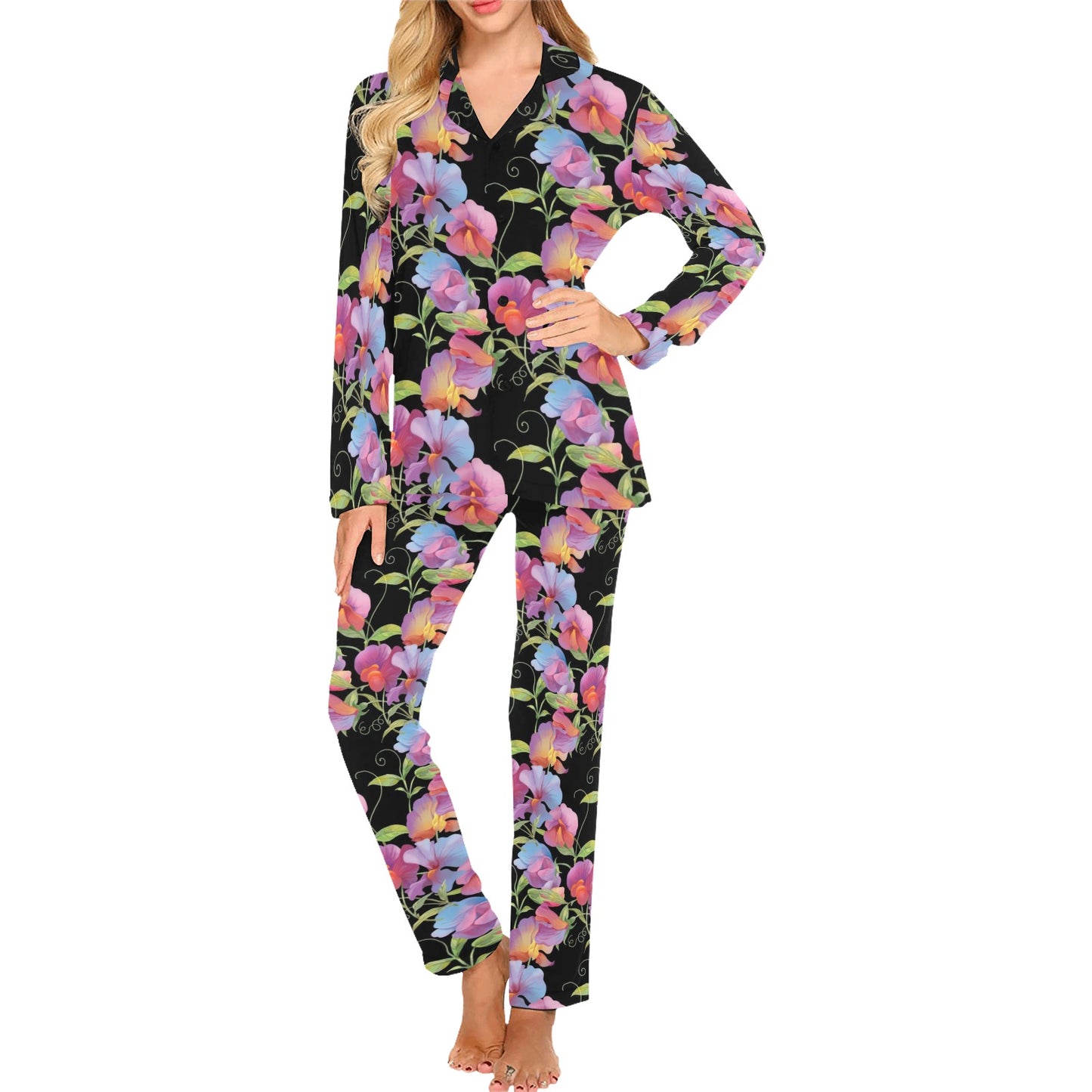 Peony Pattern Print Design PE012 Women's Long Pajama Set